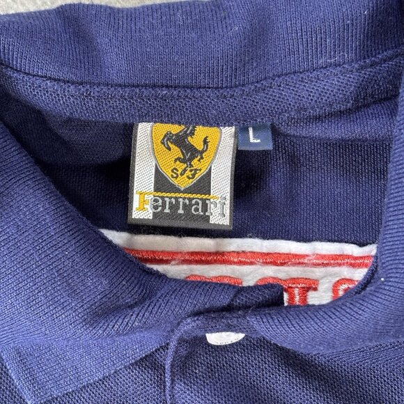 Vintage FERRARI Blue Polo Shirt Mens L Prancing Horse patches F-1 Chevron Shell - Picture 9 of 12
